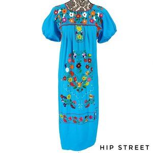Hand Embroidered Mexican Oaxacan Puff Sleeve Cotton Midi Dress XS-S